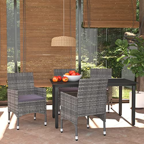 Homgoday 5-TLG. Garten Essgruppe mit Auflagen Sitzgruppe Sitzgarnitur Gartenmöbel Set Gartengarnitur Rattanmöbel Gartentisch mit Stuhl Garten Terrasse Balkon Poly Rattan Grau