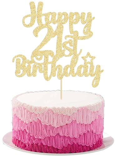 Gyufise Happy 21st Birthday Cake Topper - Glitter 21 & Fabulous Cheers to 21 Years Old Birthday Cake Pick for Celebrating 21st Anniversary Party Cake Decorations Gold