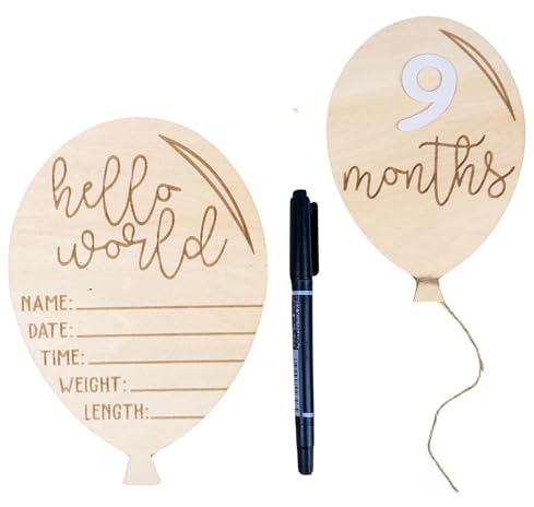 Baby Monatliche Meilensteinkarten – Holz monatliche Meilensteinscheiben – Neugeborene Fotografie Requisiten zur Dokumentation des Wachstums Ihres Babys – Baby Ankündigung Schild (Hello World Balloon)