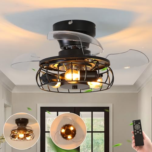 KVOYYIRA Mini Ceiling Fans with Lights and Remote Control, Silent Reversible 6 Speed Retractable Chandeliers with Fan, Bohemia Retro Ceiling Fans with Lamps for Farmhouse Bedroom-Iron Art