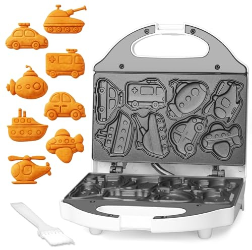 SugarWhisk - Waflera de coche para niños, mini waflera para Halloween y Navidad, 8 divertidas formas de vehículo, mini máquina para hacer panqueques, superficie antiadherente, excelente regalo, blanco