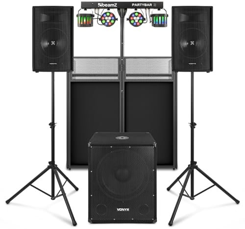 VONYX VX1015BT 2.1 Active DJ Speaker Package with Subwoofer, Disco Light, Bluetooth Connectivity, Complete Professional Setup Ideal for Live Events, Parties and Performances