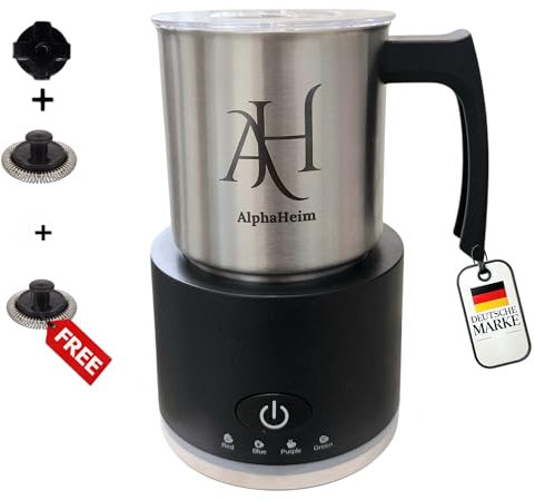 AlphaHeim® Montalatte elettrico, in acciaio inox, 600 W, 130 – 500 ml, 4 in 1, senza fili, per schiuma di latte calda e fredda, qualità barista, lavabile in lavastoviglie Milk Spugna TÜV®