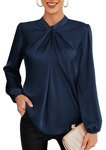 GRACE KARIN Women's Blouses Shirts Knotted Neck Long Sleeve Tops Vintage Dinner Dance Party Shirt Navy Blue M