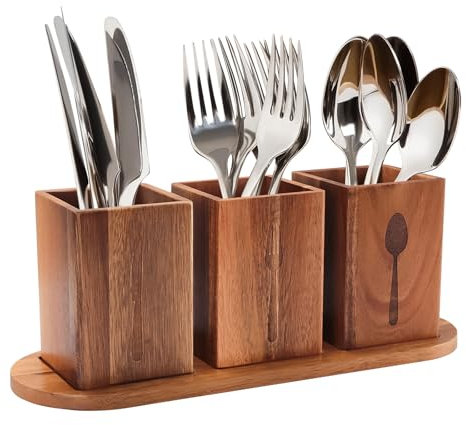 Gachiwar Bambus Besteckhalter besteckkorb 3 Teilig aus Holz Besteck Organizer Küchenutensilienhalter für Küche Besteckständer für Esstischdeko Besteckbehälter – mit Ablaufloch – Maße 33 x 11,5 cm