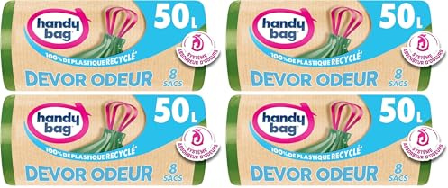Handy Bag - Sacs poubelle à poignées coulissantes Dévor Odeur 50L x 8 sacs - Système absorbeur d'odeurs - Ultra Résistant - Étanchéité maximale - 80% plastique recyclé (Lot de 4)
