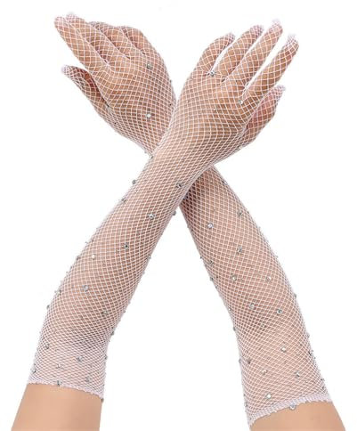 4 Paar Lange Netzhandschuhe Damen Fischnetz Handschuhe Netzärmel Rock Handschuhe Fishnet Gloves Spitzenhandschuhe Mode Opernhandschuhen Netz Armstulpen für Hochzeiten Opern Dinnerpartys Prom (Weiß)