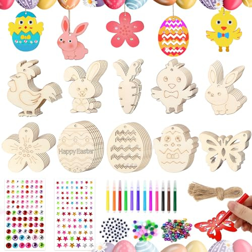 Raxfekro 264 Stück Holzanhänger Ostern Zum Bemalen Ostern Basteln Holz Osteranhänger Holz mit Aquarellstift, Schnur, Pinsel Pigmente Palette DIY Basteln zum Bemalen Holz