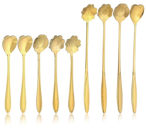 9 Stück Blumen Löffel Set, Kaffee Löffel Edelstahl Teelöffel, Rührlöffel, Kreativer Blumenkaffeelöffel, Teelöffel-Satz für Kaffee, Tee, Kuchen, Dessert-Eislöffel, Gold