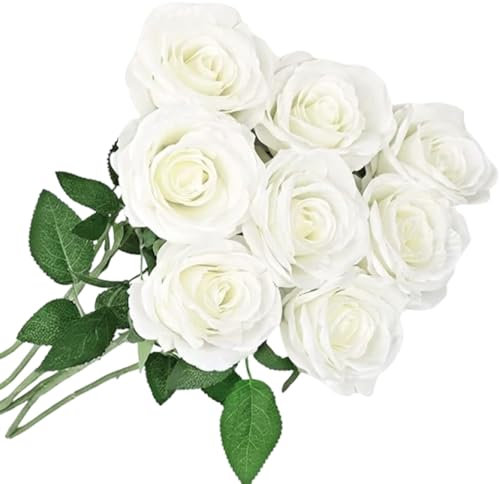 ZPSCXQ 8pcs White Artificial Roses Long Stem Ultra Realistic White Roses Artificial Flowers Bouquet Artificial Flowers for Wedding Home Event Bridal Shower Garden Party Decoration Faux Plant Decor