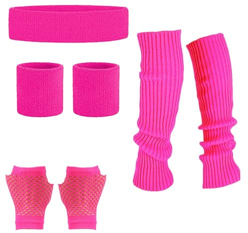 MUNSKT Set di 4 scaldamuscoli, guanti a rete con fascia e polsini al neon, accessori per costume da donna anni '80, costumi per feste a tema retrò anni '80, Rosa, Etichettalia unica