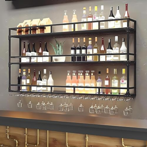 KEPMOGOH 3-stöckig Weinregal Wand aus Metall, Wandmontage Wine Display-Ständer, Bar Regal mit Glasregal, Wand Flaschenregal für Küche Bar-Einheiten, Restaurants und Zuhause (Black, 120cm)