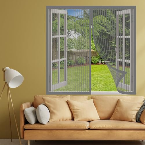 Mosquitera para Ventanas Abatibles 120 x 95 cm sin Taladrar Cortina Mosquitera con Imanes Ventilación de Verano para Habitación Salón Ventanas, Gris