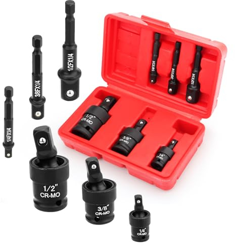 Fomita 6-Piece Universal Impact Joint Socket Adapter Kit, Contains 3pc Swivel Socket Adapters & 3pc Drill Bit Converters, Fits 1/4 3/8 1/2 Drive Sizes