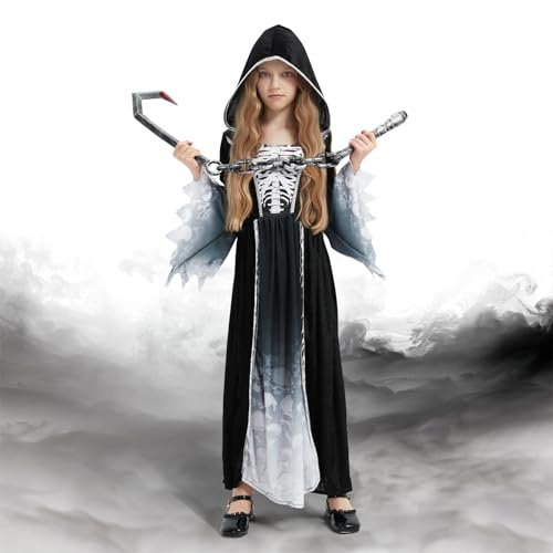 HERMORRYSS Grim Reaper Costume, Costume Halloween Morte con Falce, Scream Reaper Costume, Ragazza Mietitrice per Halloween Carnevale Cosplay, Vestito D'Halloween Ragazza per Bambini dai 7 Anni (M)