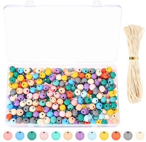 300 Stück 10mm Holz Perlen Holzperlen Bunte Holzperlen zum Auffädeln, Bunt Runde Holzkugeln mit Loch, Bastelperlen Pastel, für DIY Schmuckherstellung Armbänder Herstellung, mit 10m gewachstes Band