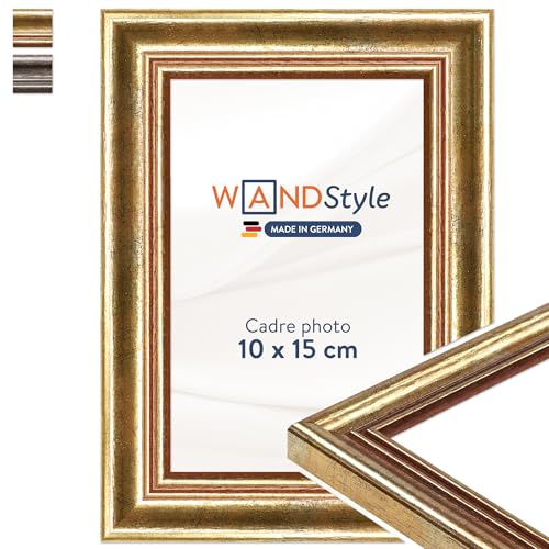 WANDStyle Bilderrahmen 10x15 Vintage, Bilderrahmen Gold Holz, hochwertiger Holzbilderrahmen Antik, Posterrahmen zum Aufhängen und Aufstellen, Rahmen 15x10 cm, Fotorahmen H400 - Made in Germany