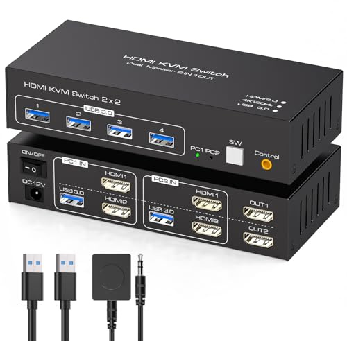TJCXELE 4K120Hz HDMI KVM Switch 2 PC 2 Monitore USB 3.0 KVM Umschalter Dual Monitor für Zwei Computer teilen Dual Monitor und 4 USB Ports mit DC 12V/1A Adapter & Desktop Controller SW271