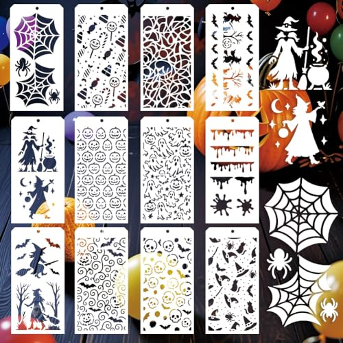 GOMAKERER 12 Stück Halloween Schablonen zum Malen, 12 Stile Hexen Geistertextur Malschablonen Wiederverwendbare Randschablone Zum Malen Auf Holz Wänden Böden Scrapbooking Feiertags Ornamenten