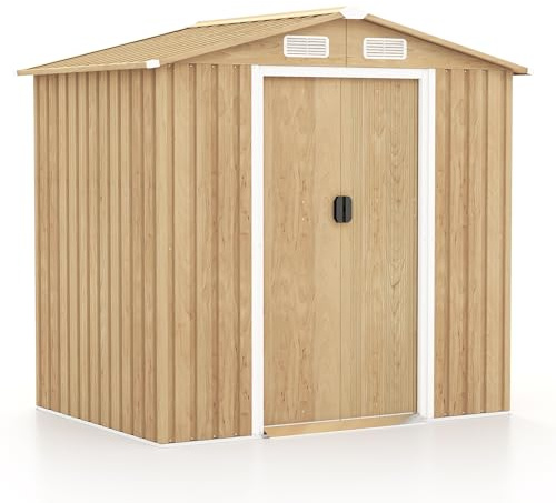GYMAX Casetta da Giardino 2,34m² in Acciaio Zincat, Capanno Porta Attrezzi con 4 Feritoie, Doppie Porte Scorrevole e Rampa (2,34m²/Naturale)