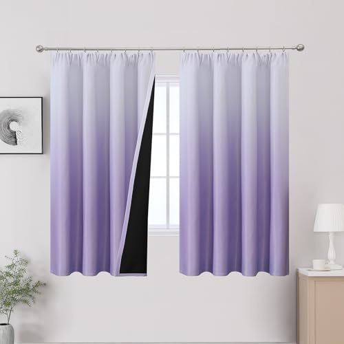 VEHEDE Thermal Insulated Ombre Curtains for Bedroom, Noise Reduction Gradient Lilac and White Drapes with Pencil Pleat Blackout Room Darkening Curtain, 2 Panels, W52 x L63 Inch