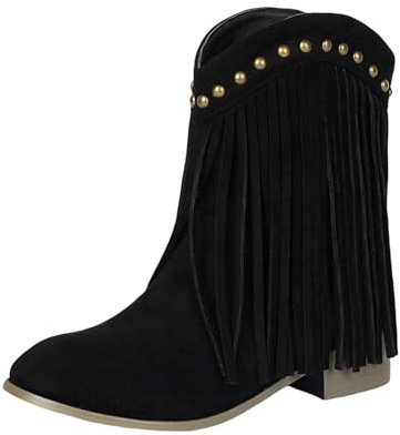 Momolaa Fringe Ankle Cowboy Boots for Women Short Cowgirl Booties Western Fringed Tassel Ankle Boots Suede Chunky Block Heel Pull on Dress Booties Chunky Heel Fall Winter Shoes Footwear