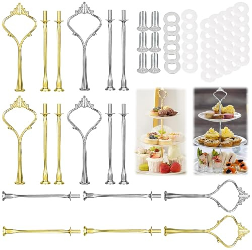 Tkxjry 6 Stück Tortenständer in Silber und Gold, 3 Etagen Etageren Stangen Set, Metallstangen-Set für Etagere, Etagere Bausatz, Für Hochzeiten Geburtstage Dessertpräsentation Cupcakes Obst Süßigkeiten