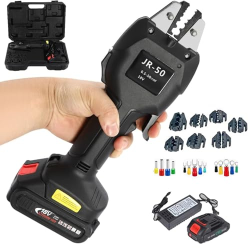 Alicates de crimpadora de terminales eléctricos con batería de 16 KN con 7 moldes para conectores preaislados, tubulares y no aislados, 1 batería incluida