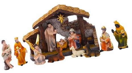 Wsdsgz Presepe in resina della sacra famiglia con stalla e asino decorazione da tavolo natalizia per la casa vacanza centrotavola statuette di Natale presepe