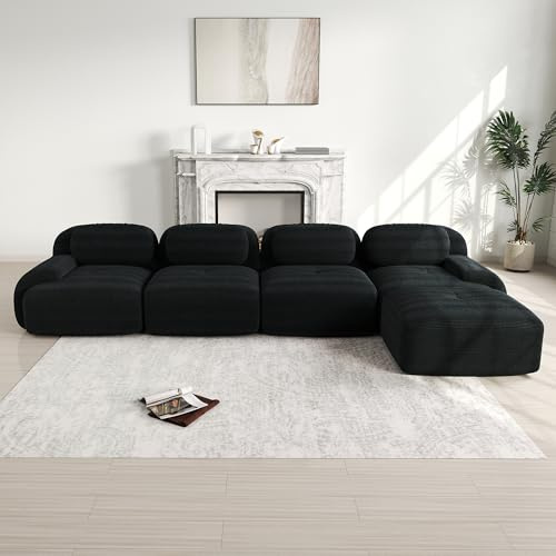 Ligterra Divano modulare a 4 posti in corduroy, divano ad angolo, Boneless con 1 pouf, divano compresso, senza montaggio e fondo antiscivolo, liberamente combinabile, 388×178×75cm (Nero)