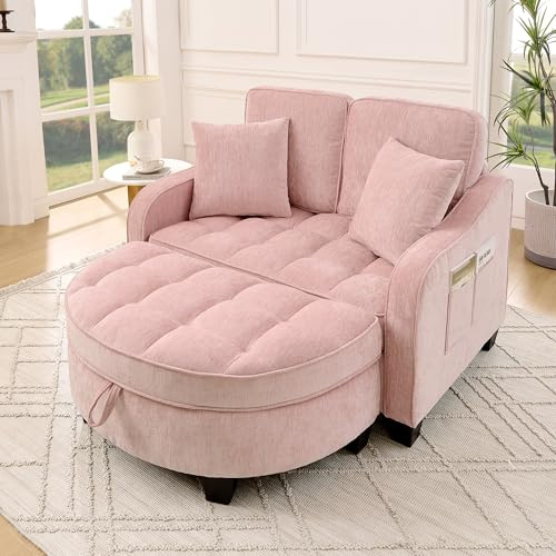 A ALFRESCOOL Sofa mit Schlaffunktion, Sofa Klein, Chaiselongue, Rosa | 3-in-1 Schlafsofa, Aufbewahrungs-Hocker & 4 Kisse, Atmungsaktives Material, leicht zu reinigen, 132×129×93cm