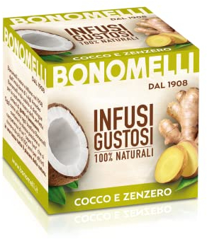 Bonomelli Infusi Gustosi, Zenzero e Cocco, Confezione da 10 Filtri, Sapore Intrigante ed Energetico, Senza Caffeina, da Gustare a Caldo o a Freddo, Ingredienti 100% Naturali (20g)