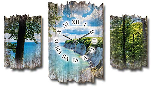 Dreiteilige Designer-Wanduhr Kreidefelsen Rügen Ostsee-Insel Shabby-Chic Landhaus-Stilleise Funkuhr ohne Ticken 95x60cm aus Holz (Kreidefelsen, leises Funkuhrwerk)