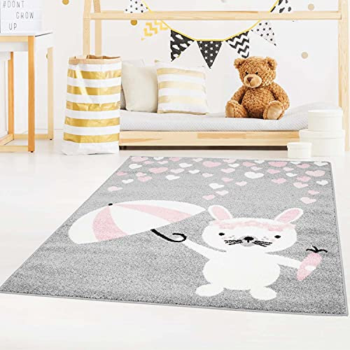 Kinderteppich Grau - 80x150 cm - Hase mit Herzen, Regenschirm - Teppich Kinderzimmer Tiermotiv