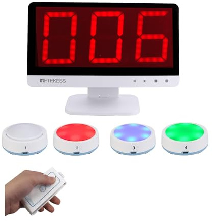 Retekess TM101 Buzzer System, Buzzer avec Son et Lumière, Jusqu'à 32 Buzzers de Réponse, Portée de 80m, Télécommande sans Fil pour Les Jeux d'équipe, l'école et la Maisonl