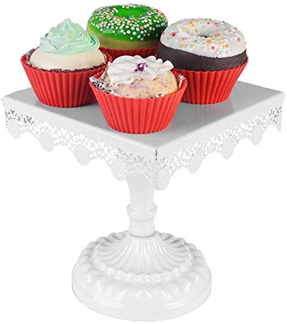 BAKAJI Portatorta Alzatina Quadrata Alzata in Metallo con Decorazione Bordo Porta Torta Cupcake Muffin Pasticcini Alzata per Presentazione Dolci Feste Cerimonie Centro Tavola (16 x 16 cm)