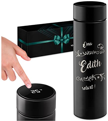 Maverton Thermobecher Kaffeebecher 450 ml - Isolierbecher personalisiert - 100% dicht - Led Temperatur Anzeige - aus Edelstahl - Geschenk für Frauen - schwarz - Relax