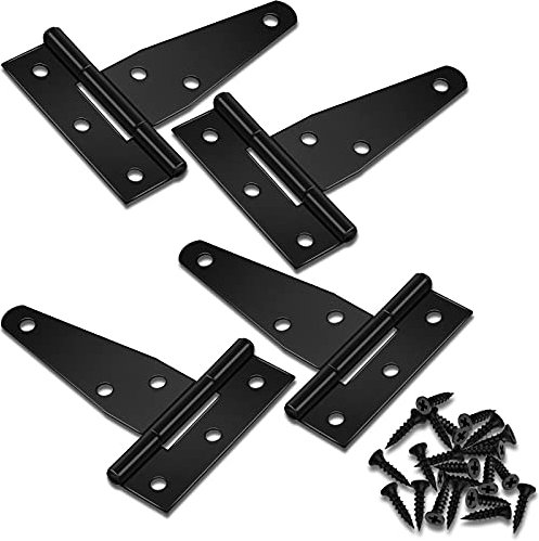 HOTOP 4 Pcs 3 Inch T Strap Heavy Duty Hinges Metal Strap Barn Door Hinges in Black with 24 Screws for Gates Shed Windows Fence Garden