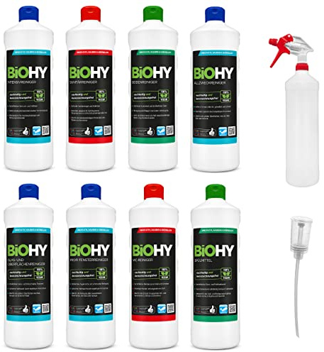 BiOHY Nettoyant complet avec doseur et vaporisateur de 1 l (8 x 1 L) | Nettoyant pour salle de bain, fenêtres et sols | puissant et efficace | nettoyant bio durable