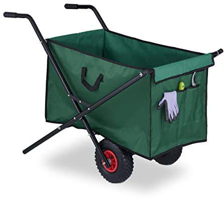 Relaxdays Brouette de Jardin Pliable 160L avec poignées & 2 Roues pneumatiques jusqu'à 50kg Chariot de Transport Jardin Vert