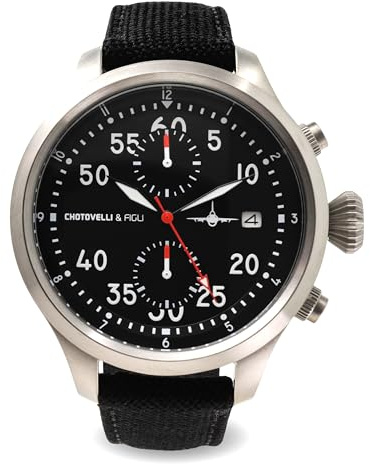 Chotovelli Mecha Quartz Analog Pilot Watch Waterproof to 100m - Luminous Dial - Casual Italian Sports Watch, Black, Large, Large, Strap