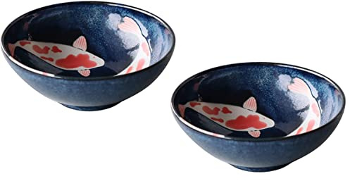 Cuenco japonés de cerámica Mino-yaki Donburi, tamaño extra grande para ramen, fabricado en Japón, 21,5 cm, patrón de carpa roja, negro 8018200, juego de 2 cuencos para ramen
