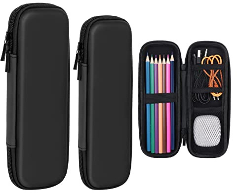 JSMTKJ Lot de 2 étuis à Crayons en EVA Housse de Transport Pencil pour Stylo Plume, Stylo Bille, Stylet Stylus,Touch Pen, Crayon, Câble USB etc, Cuir de qualité, Noir