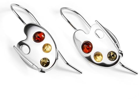 HENRYKA 925 Sterling Silver Artist Palette Hook Earrings in Baltic Amber | Art Jewellery Gifts