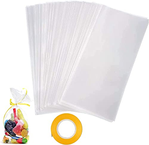 100 Pezzi Sacchetti Cellophane, 6 x 19 cm Sacchetti Trasparenti per caramelle Bustine per Biscotti con 100 Lacci, Sacchetti Piatti per Bomboniere per Regalo Caramella Biscotti