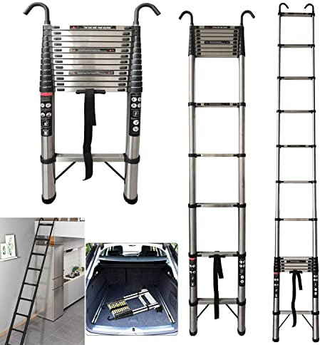 5M/16.4FT Telescopic Ladder DIY Steel Folding Extendable Extension Ladder, Slow-Close Multi Purpose, 12 Steps, Load Capacity 150kg, Reliable Non-Slip Ladder