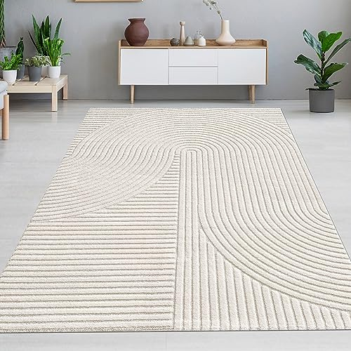 CARPETIA Teppich Wohnzimmer Schlafzimmer Teppich Wohnzimmerteppich Hoch-Tief / 3D Effekt modern abstrakt weich Kurzflor Boho Creme 140 x 200 cm