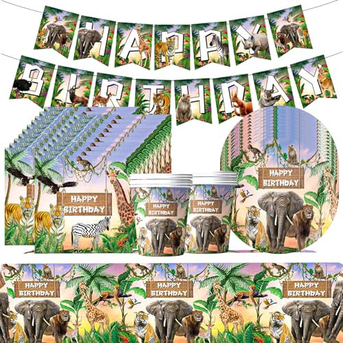 42Pcs Jungle Animaux Vaisselle Anniversaire,Jungle Safari Fête Thème Vaisselle,Party Fournitures Jungle Animaux,Assiettes Tasses Serviettes Bannières d'anniversaire Nappes,pour Garçon et Filles Fêtes