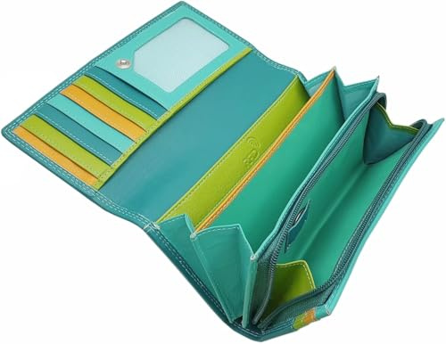 myledershop Große Rind-Nappa Leder Damen Geldbörse/Geldbeutel/Portemonnaie/Geldtasche mit RFID & NFC Schutz Mehrfarbig (Petrol)