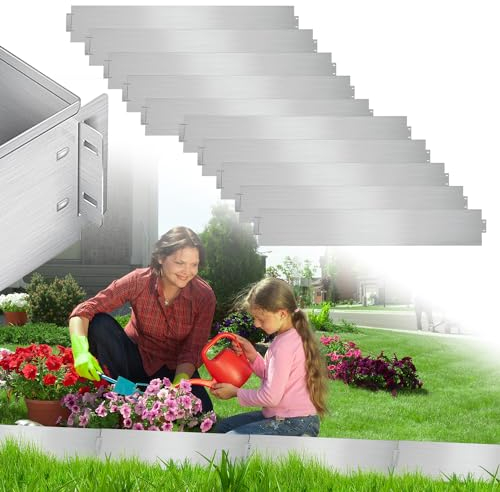 Cecaylie, bordo in metallo con palizzata tagliabordi, per aiuole, per cortile, giardino, fattoria, argento (lunghezza 15 m, altezza 18 cm)